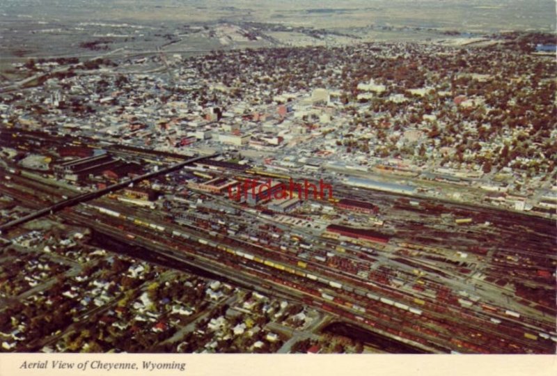 Continental-size AERIAL VIEW OF CHEYENNE, WY roundhouse & tracks and downtown