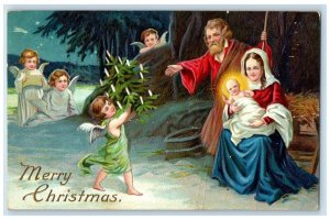 1910 Christmas Tree Religious Angels Winter Scene Embossed Staples MN Postcard