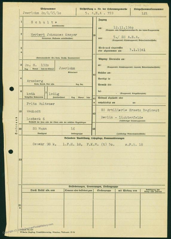 3rd Reich Germany Waffen SS 5th Art Regt Member File 73163