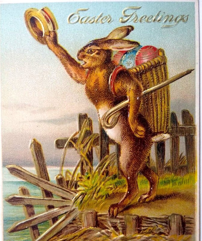 Easter Postcard Fantasy Dressed Bunny Rabbit Hat & Cane Egg Basket Series 52