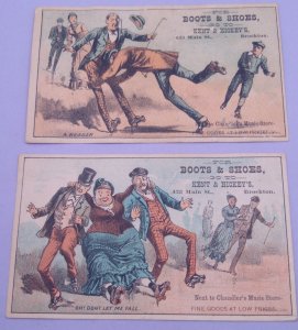 Lot of 2 1800s Kent Hickey Boots & Shoes Roller Skating Brockton Mass Trade Card