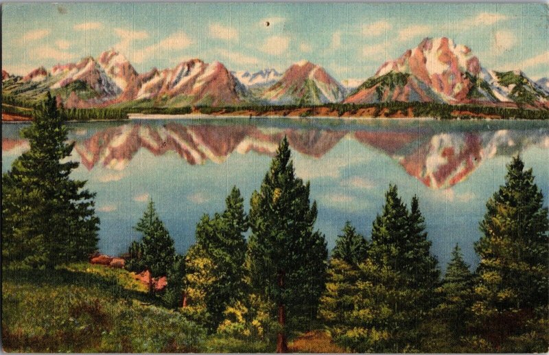 View of Teton Peaks, Jackson Lake, Grand Teton Nat'l Park Vintage Postcard L76