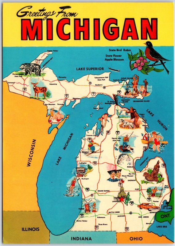 VINTAGE CONTINENTAL SIZE POSTCARD STATE OF MICHIGAN ANIMATED PICTORIAL MAP 