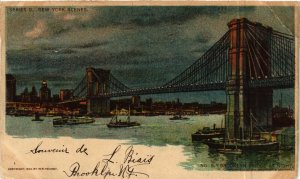 PC CPA US, NY, NEW YORK, BROOKLYN BRIDGE AT NIGHT, LITHO POSTCARD (b6507)
