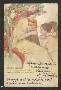 ART NOUVEAU BEAUTIFUL WOMAN READING TO CHILDREN MUCHA (?) POSTCARD 1923