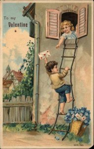 Valentine Boy Climbs Rope Ladder Brings Letter to Little Girl c1910 Postcard