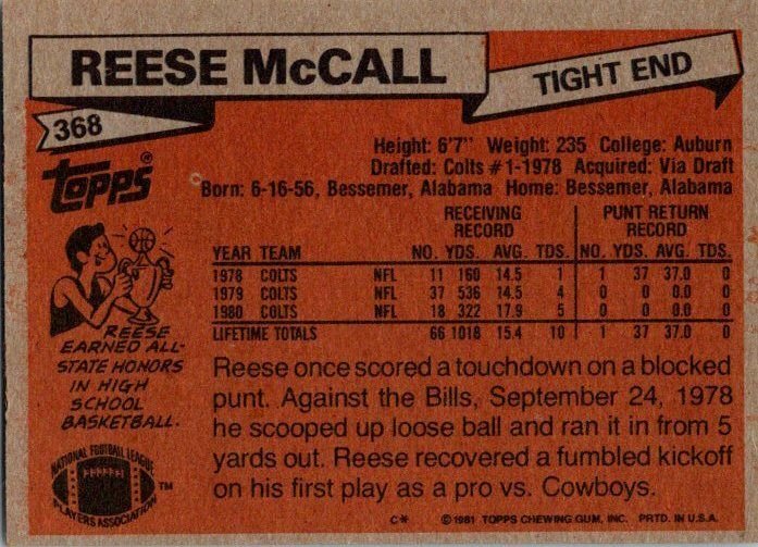 1981 Topps Football Card Reese McCall Baltimore Colts sk60172
