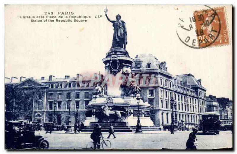 Old Postcard Paris Statue Park and Place de la Republique