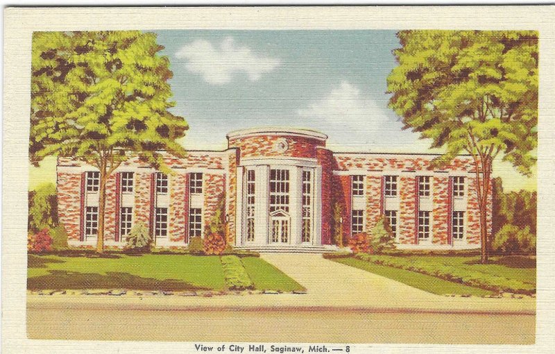 1940's View of City Hall, Saginaw, Michigan Linen Postcard