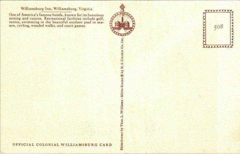 Williamsburg Inn VA Virginia Exterior Entrance VTG Postcard UNP Unused Mirro 