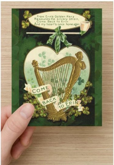 Single Saint Patrick's Day Postcards Come Back To Erin Gold Harp and Shamrocks