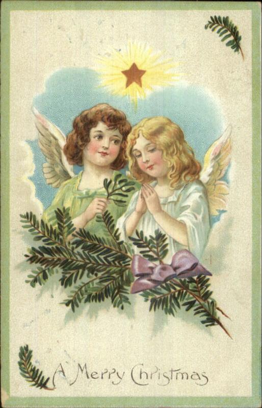 Christmas - Angels Children Pine Bough Purple Ribbon c1910 Postcard