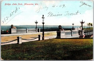 1909 Bridge Lake Park Milwaukee Wisconsin WI Posted Lion Sculpture Postcard