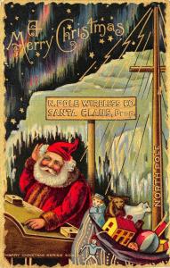 A Merry Christmas Red Robed Santa Claus Bag of Toys North Pole Wireless Postcard