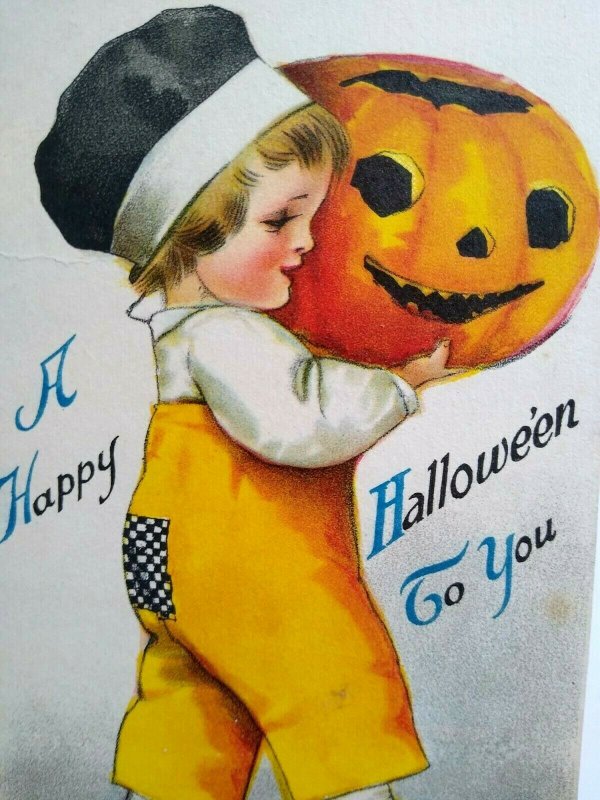 Halloween Postcard Ellen Clapsaddle Antique Wolf Series 1 Unused Child With JOL 