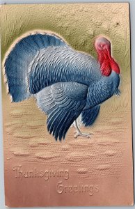 Postcard Thanksgiving Greetings Blue Red Turkey Airbrush Embossed 1908