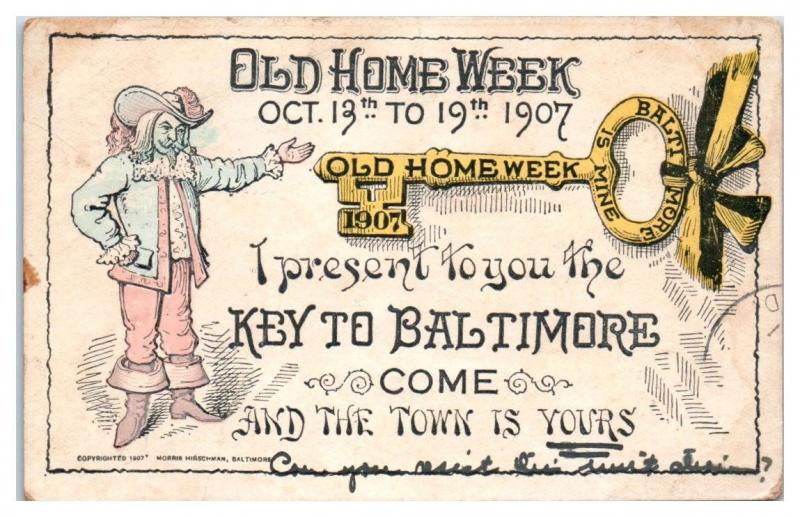 1907 Old Home Week, I Present to You the Key to Baltimore MD Postcard RPO Cancel