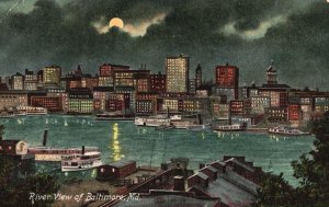 Vintage Postcard 1914 Riverview Moonlight Scene Boats Ships Baltimore Maryland