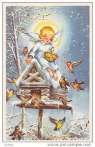 Gott Nytt Ar, Angel feeding sparrows, sitting on bird house, Marie, 10-20s