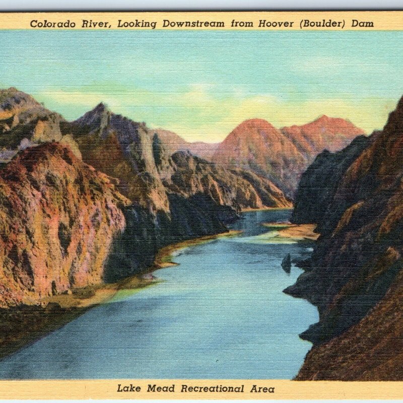 c1930s Boulder City, NV Colorado River from Hoover Dam Linen PC Lake Mead A329