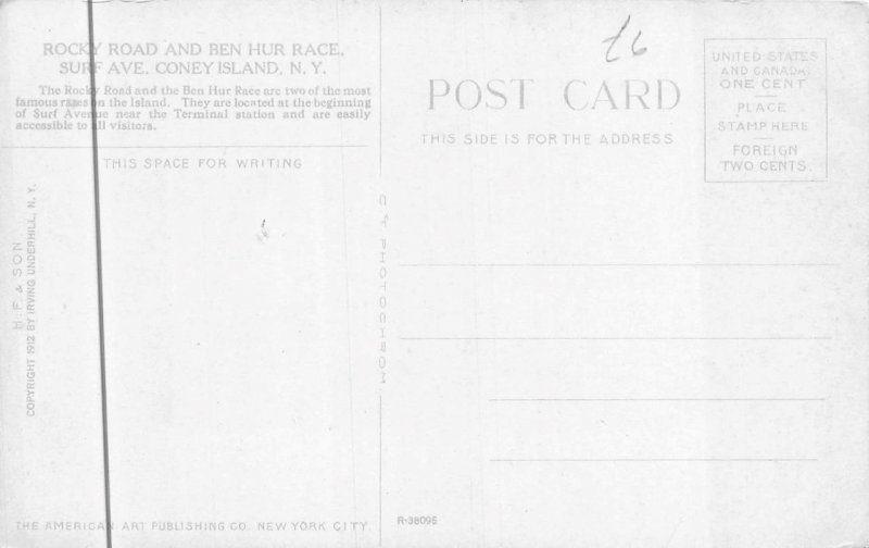 ROCKY ROAD & BEN HUR RACE SURF AVE CONEY ISLAND NEW YORK POSTCARD (c. 1910)