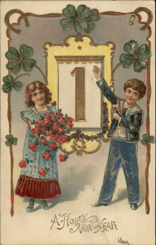 New Year - Children w/ Golden 1 Calendar Page c1910 Postcard #1 - Embossed