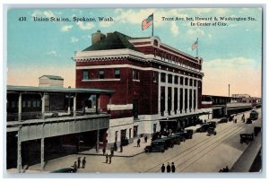 c1910's Union Station Train Terminal Classic Cars Spokane Washington WA Postcard