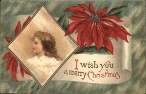 Christmas Girl Child Poinsettia Embossed c1900s-10s Postcard