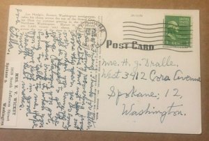 1949 USED .01 LINEN POSTCARD SHEEP ACROSS THE GRAND COULEE DAM WASHINGTON