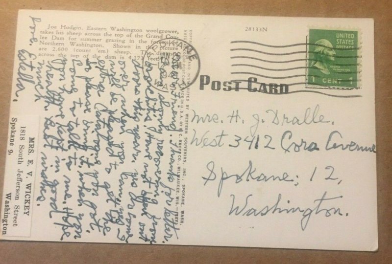 1949 USED .01 LINEN POSTCARD SHEEP ACROSS THE GRAND COULEE DAM WASHINGTON