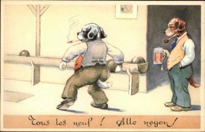Anthropomorphism Dogs Bowling Smoking Drinking Old Postcard