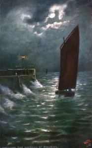 Vintage Postcard Entering The Harbor St. Andrews Moonlit Seas Oilette Painting