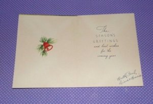 Vtg Vintage Christmas Card A-Meri Green Yellow Red Bells Pine Branch #182