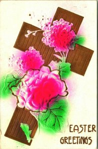 Easter Greetings Airbrushed Gilt Cross Flowers Embossed UNP DB Postcard E4