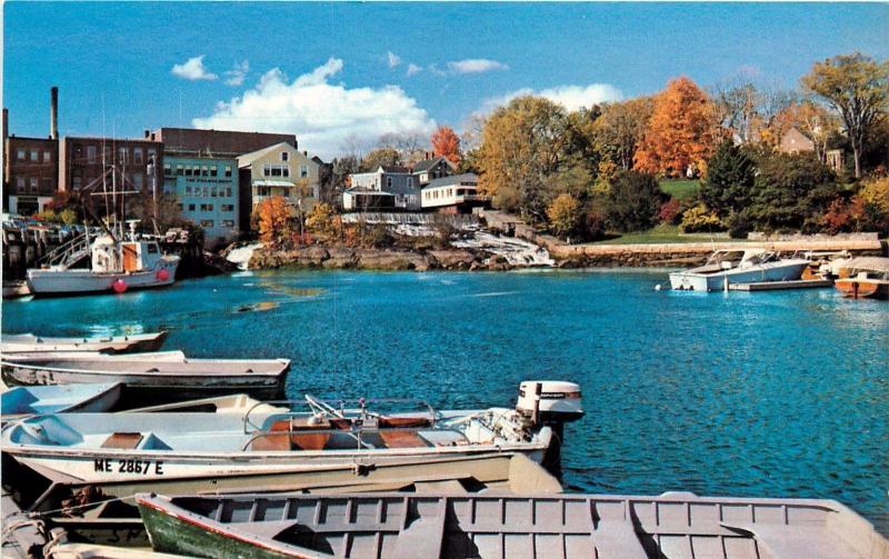 Camden Harbor Boats waterfall Maine ME Postcard