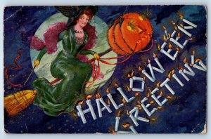 Halloween Greeting Broomstick Witch Jack O Lantern Glitter Embossed Postcard