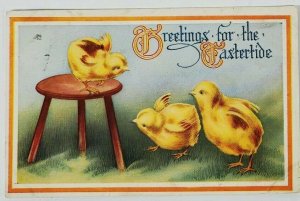 Easter Greetings Chicks on Stool Postcard L20