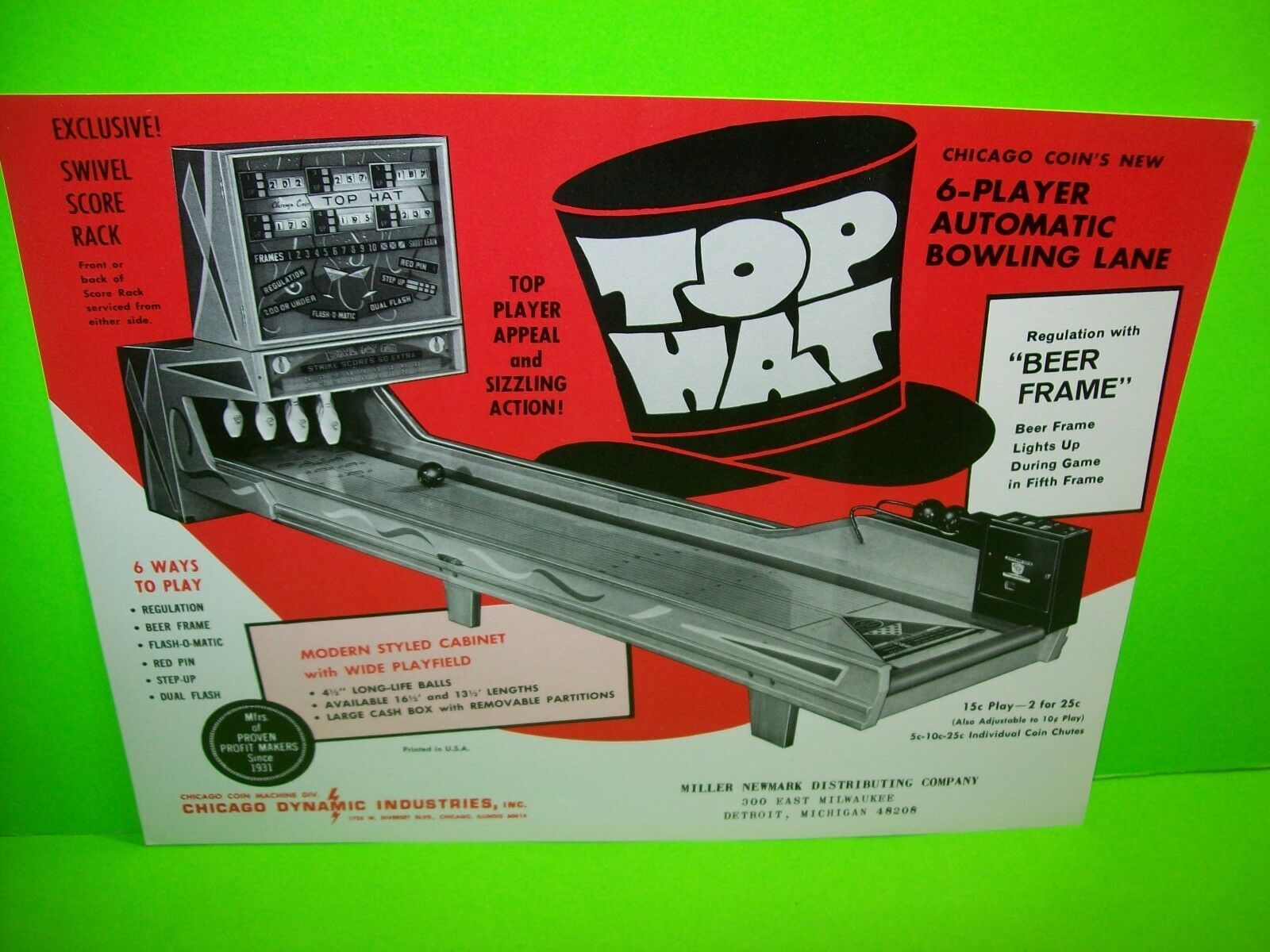 Top Hat Arcade Game Flyer Original Ball Bowling Alley Promo Chicago Coin 1969 Ephemera