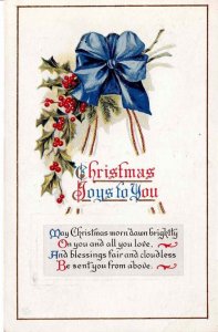 USA 1916 Posted Christmas Joys to You Greeting Card Embossed Holly Blue Ribbon