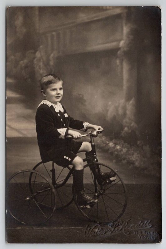 RPPC Cute Little Boy On Bicycle Tricycle Studio Photo Postcard N30