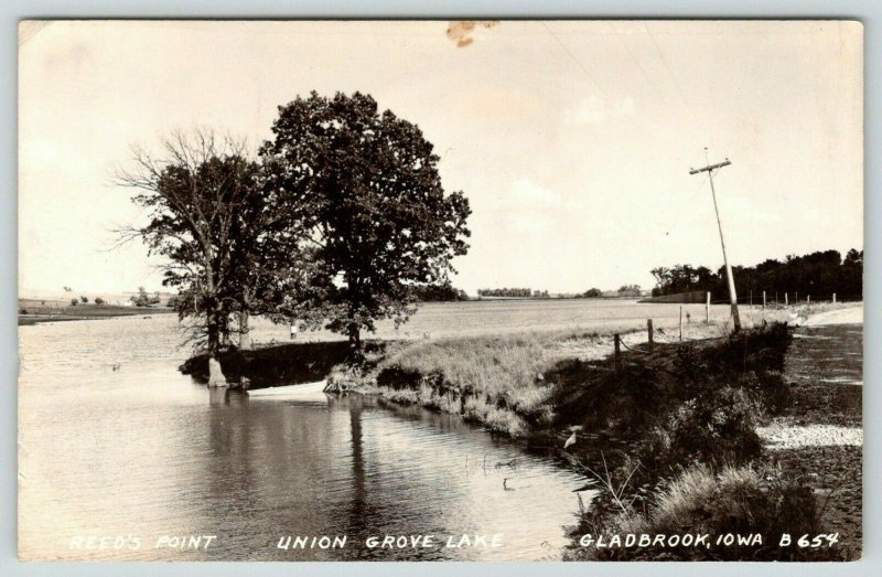 Gladbrook Iowa~Union Grove Lake~Reed's Point~Rowboat in Cove~Our Place~1943 RPPC