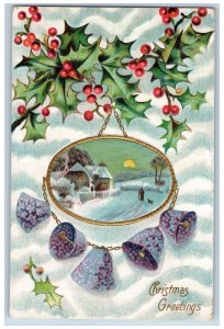 Christmas Postcard Greetings Holly Berries Ringing Bells Embossed c1910's