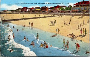 Vtg 1940s Beach Scene Showing New Boardwalk Savannah Georgia GA Linen Postcard