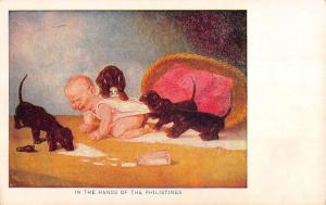 Crying Baby Playful Puppies Spilled Milk Cute Antique Postcard K11319