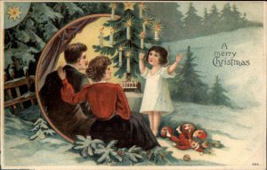 Christmas Mother Father Little Girl Jester Doll c1910 Vintage Postcard