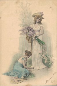 Vienna Style Ladies With Flowers Vintage Postcard 08.08