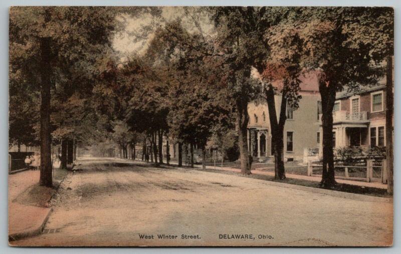 Delaware Ohio~West Winter Street Homes~Children on Sidewalk~c1910 Handcolored PC 