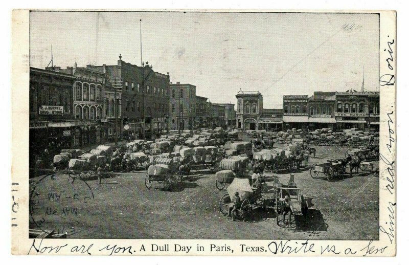 Paris Texas Postcard Multiple Loaded Farm Wagons Horses Store Fronts #75262