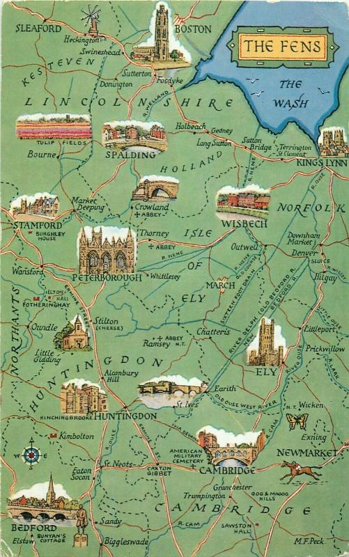 The Fens map posted postcard