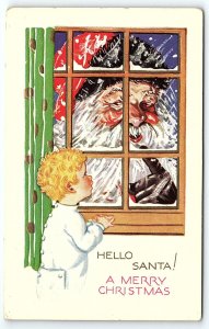 1920s MERRY CHRISTMAS  HELLO SANTA! YOUNG BOY SNOW EMBOSSED POSTCARD P2357